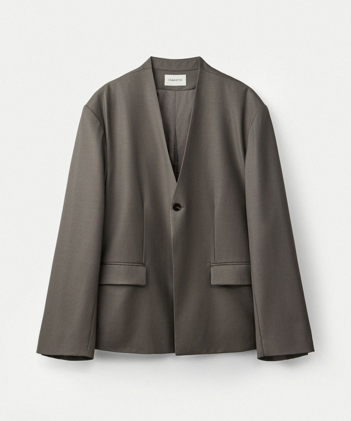우마뭉(UMARMUNG) Worsted wool zip-back collarless jacket_Peat grey