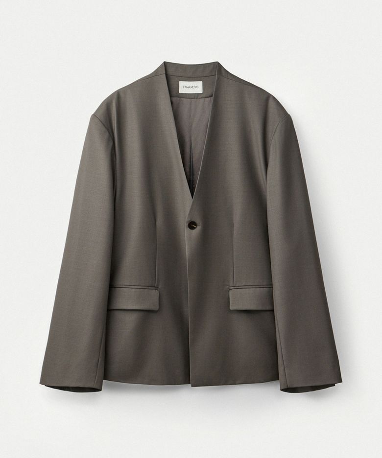Worsted wool zip-back collarless jacket_Peat grey