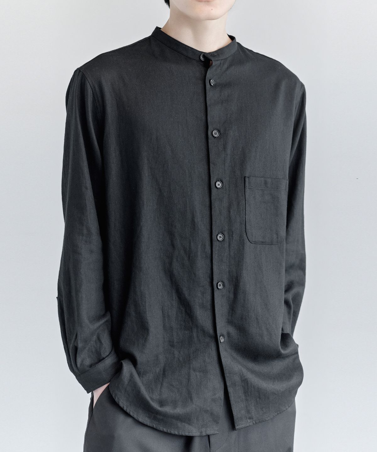 키류(KIRYU) LINEN BAND COLLAR SHIRT (BLACK)