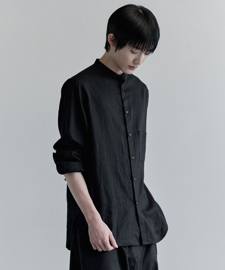 LINEN BAND COLLAR SHIRT (BLACK)