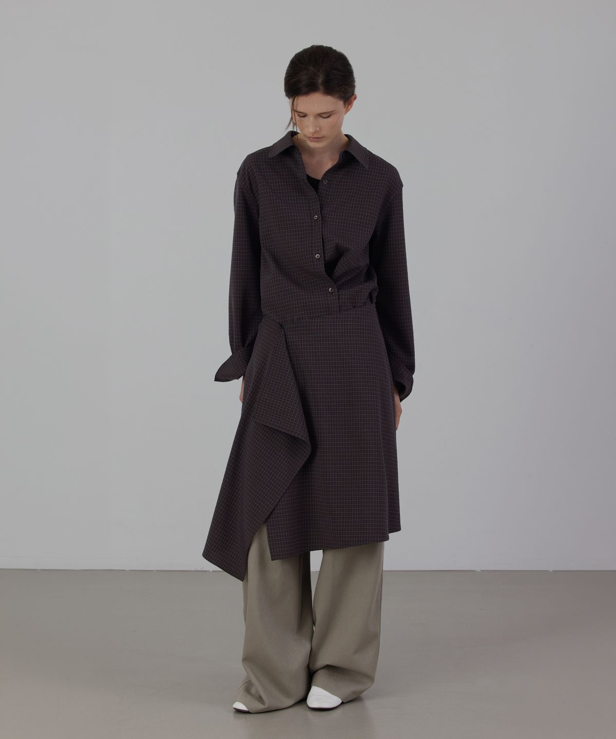 퀸스래빗(Q'SRB) Check Asymmetric Layered Wrap Shirt Set-up