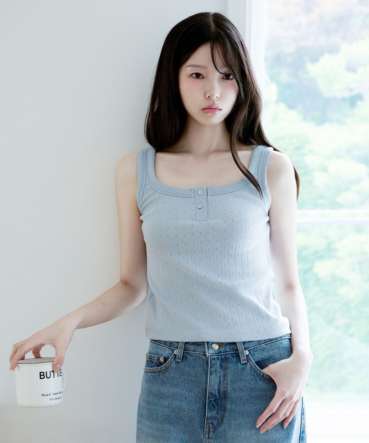샵아라(SHOP,ARA) 자카드 헨리넥 슬리브리스_라이트블루