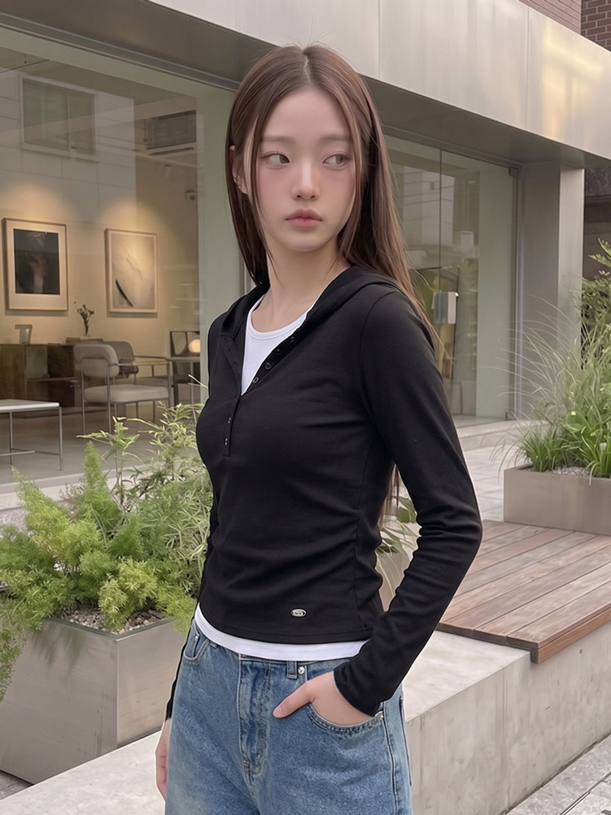 행텐(HANGTEN) 여성 웨일 레이어드 후드티셔츠_100(10580-131-631-69)