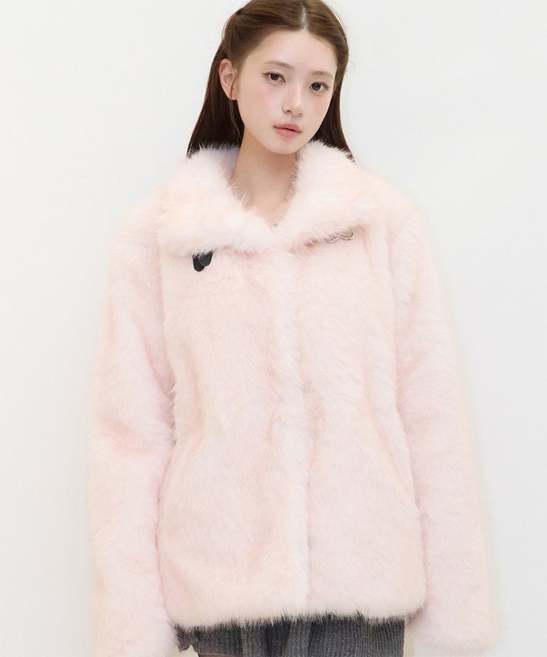 벨티드 하프 퍼 자켓 핑크