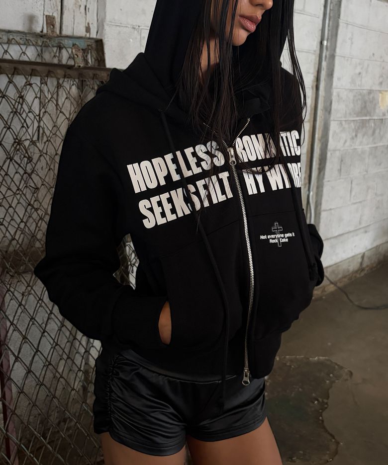 Romantic Graphic Zip Up Hoodie - Black