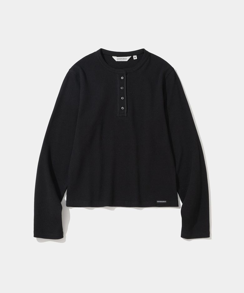 (w) waffle henley neck l/s t-shirt black