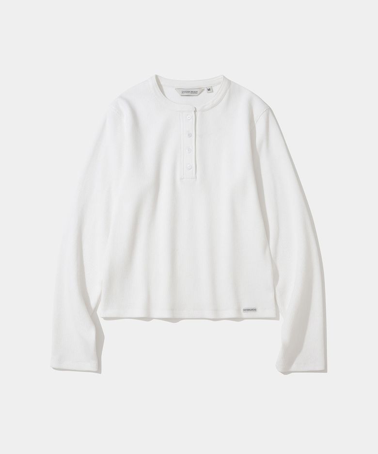 (w) waffle henley neck l/s t-shirt white