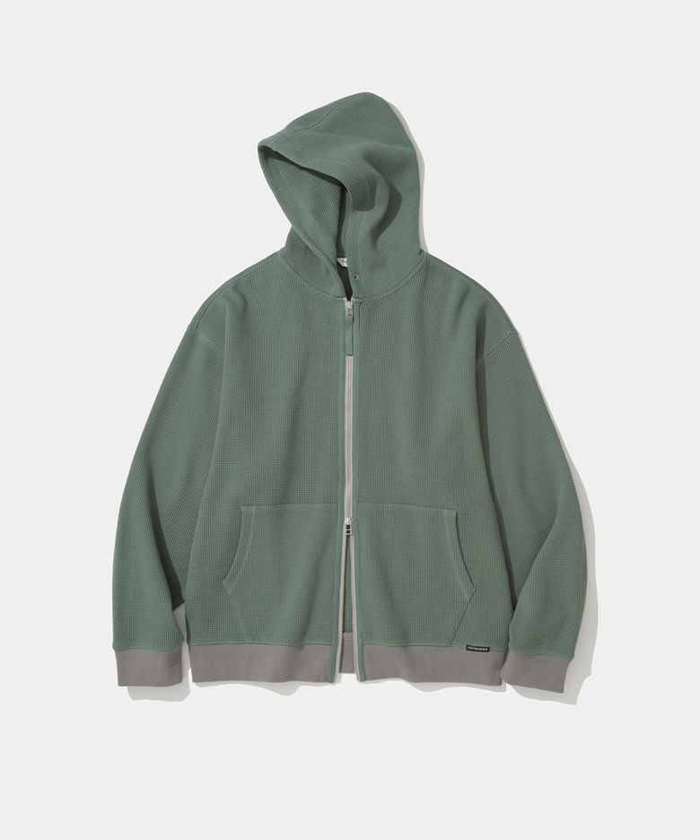 waffle hood zip-up sage green
