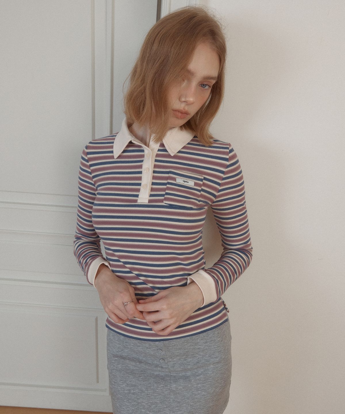 레터리(LETERIE) STRIPE COLLAR LONG SLEEVE TEE_PURPLE