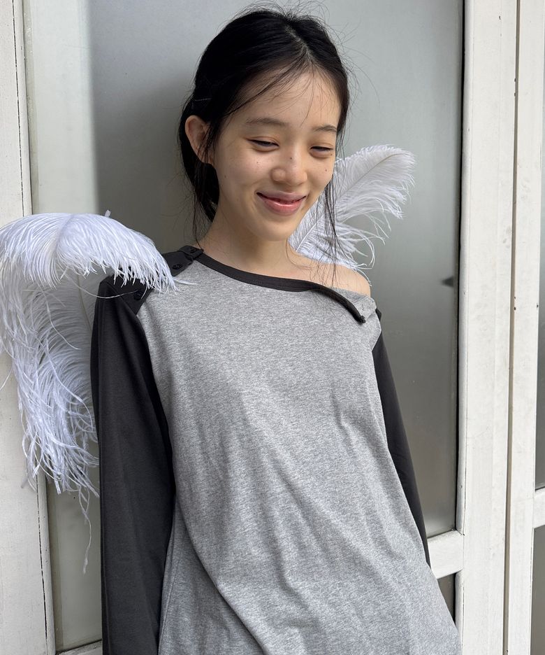 버튼 래글런 티셔츠 문