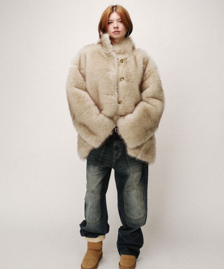 Reversible Shearling Fur Jacket Camel