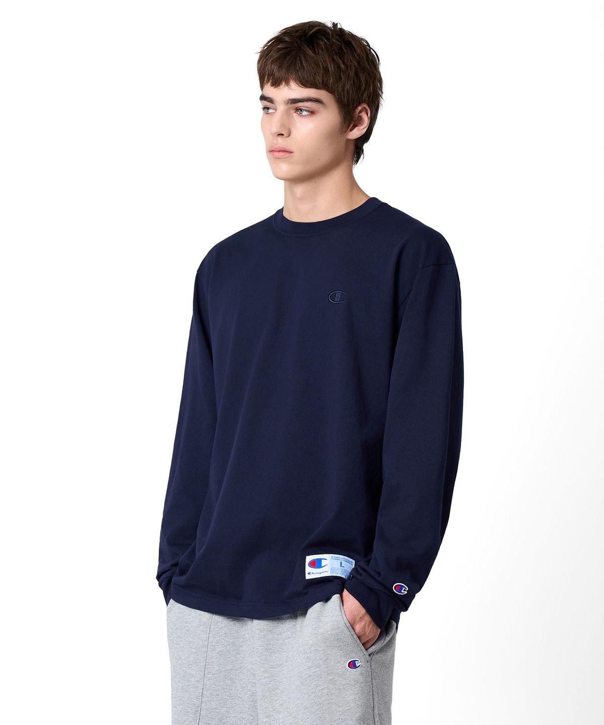 챔피온(CHAMPION) C로고 오버핏 조그택 롱슬리브 티셔츠 Navy