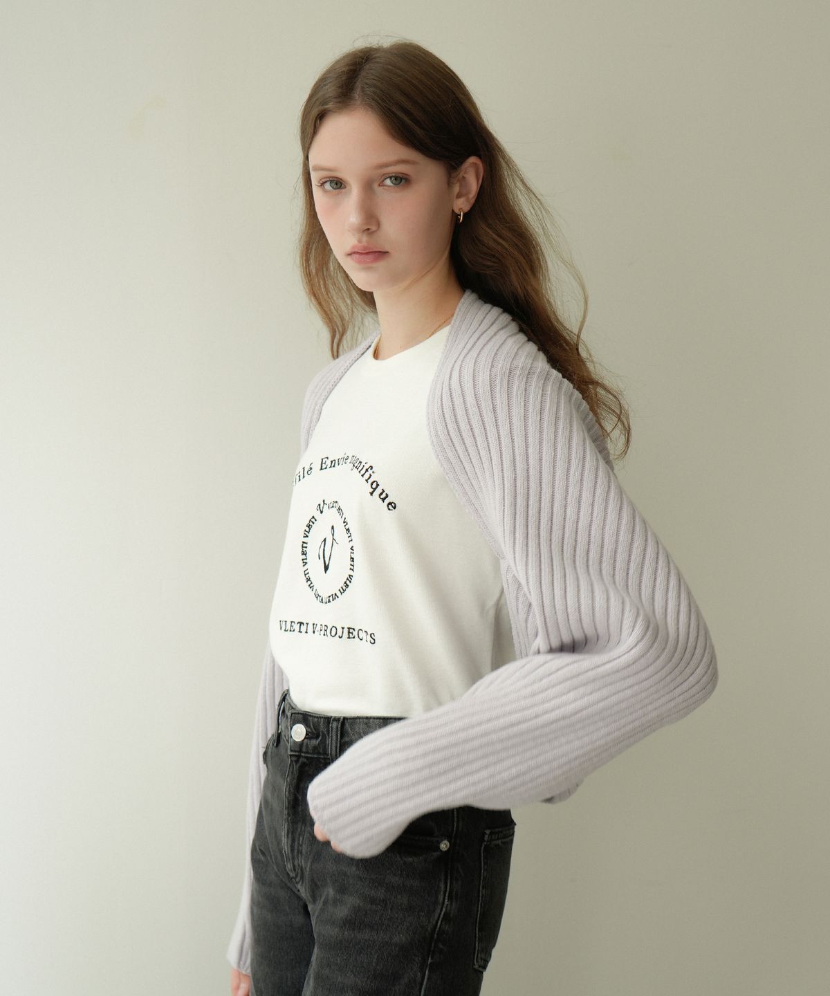 블레티(VLETI) Ribbed bolero Knit Cardigan (Purple)