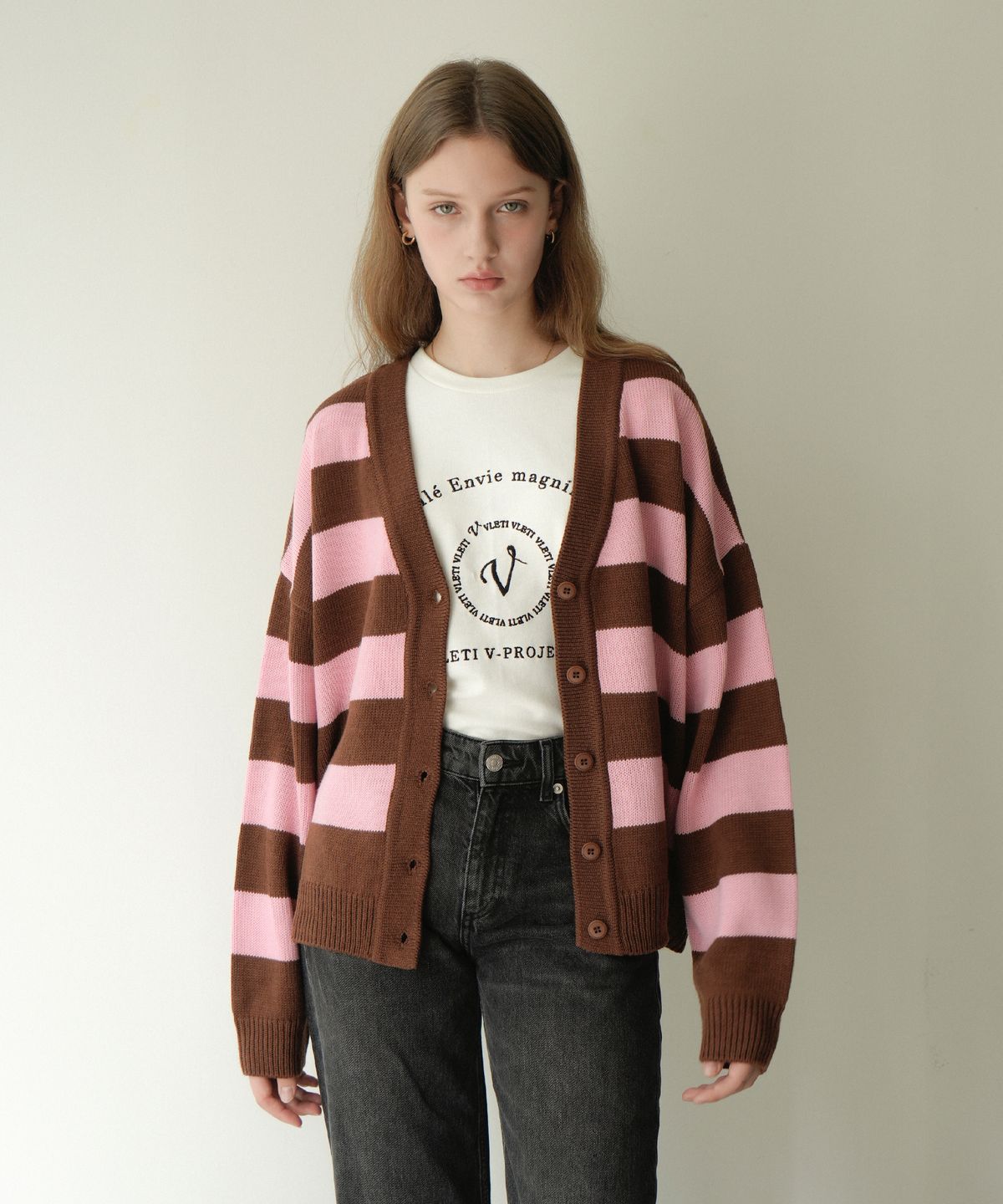 블레티(VLETI) Wool Stripe V-neck Knit Cardigan (Brown)
