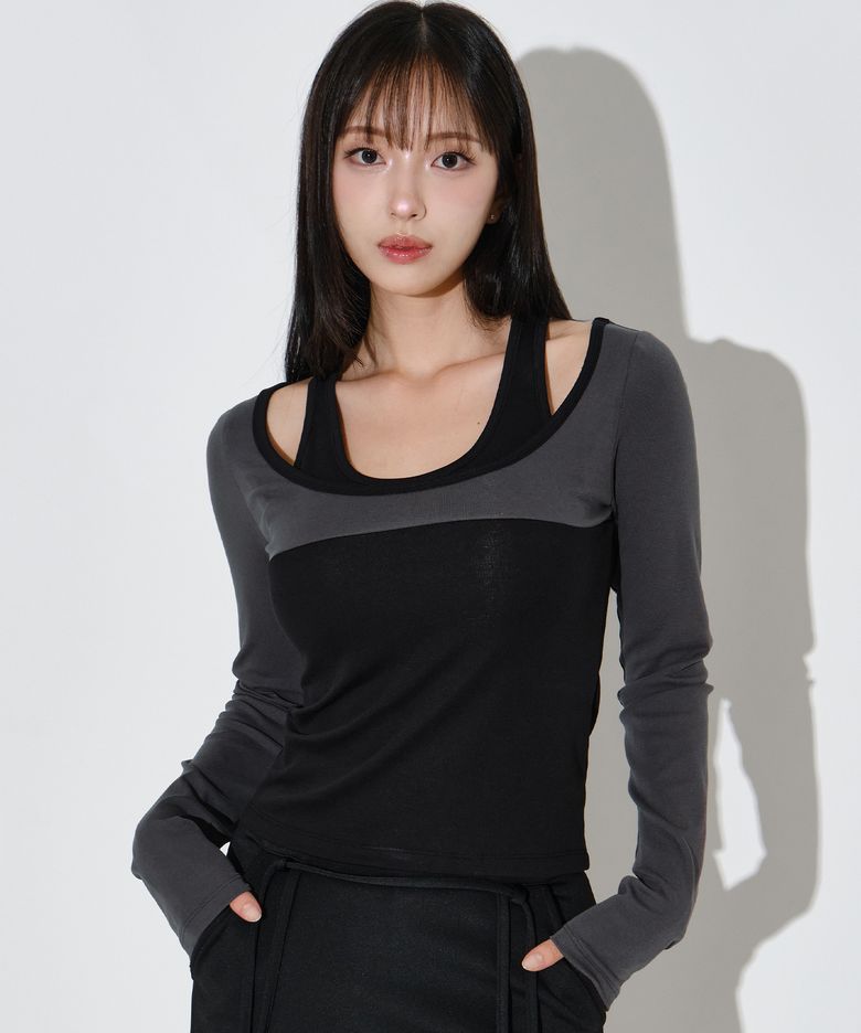 헤이지 콘트라스트 리니어 롱 슬리브 [그레이-블랙]