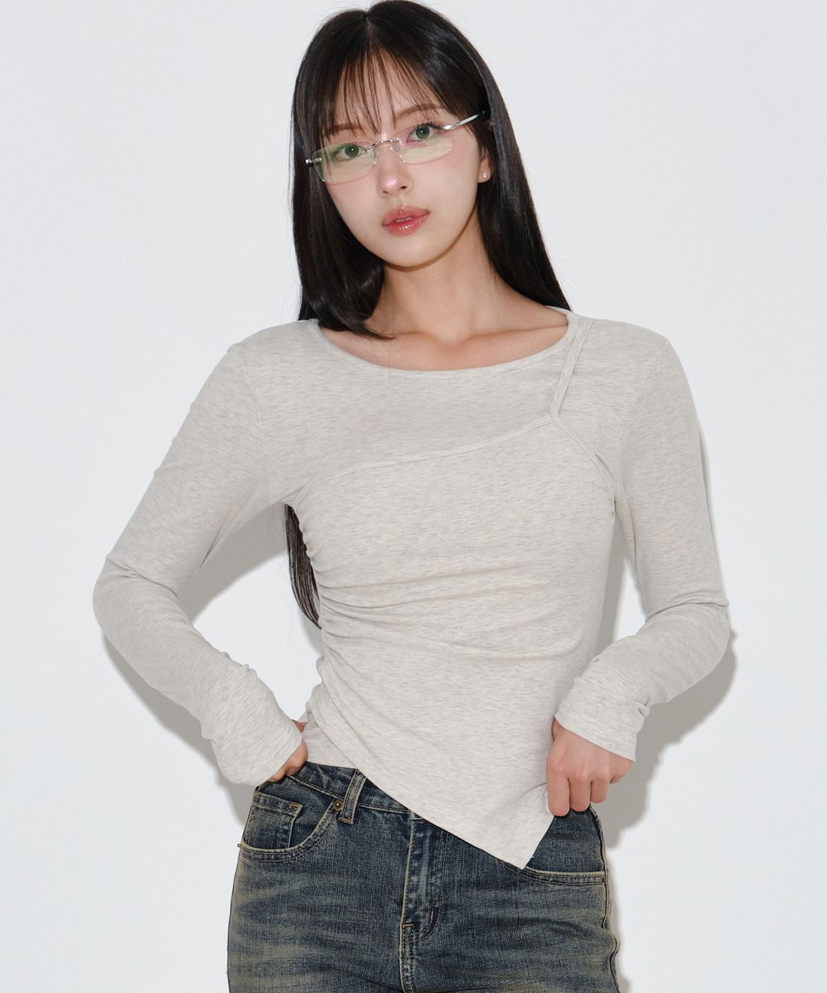 헬레네파리스(HELENE PARIS) 드레이프 셔링 레이어드 탑 [오트밀]