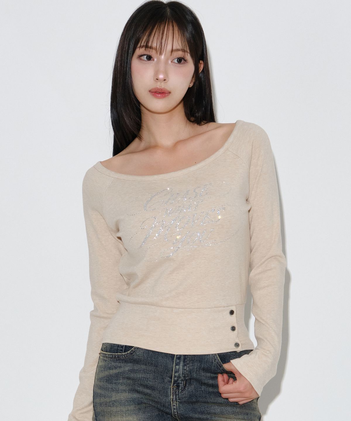 헬레네파리스(HELENE PARIS) 큐빅 웨이스트 버튼 레글런 롱 슬리브 [베이지]