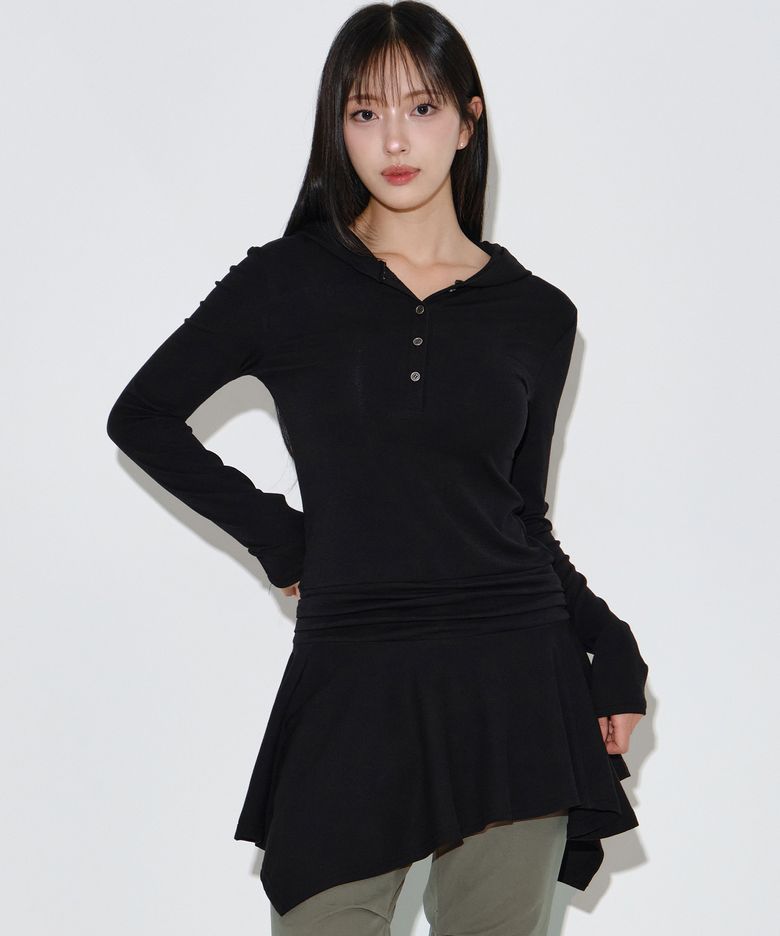 헨리 후드 셔링 플레어 원피스 [블랙]