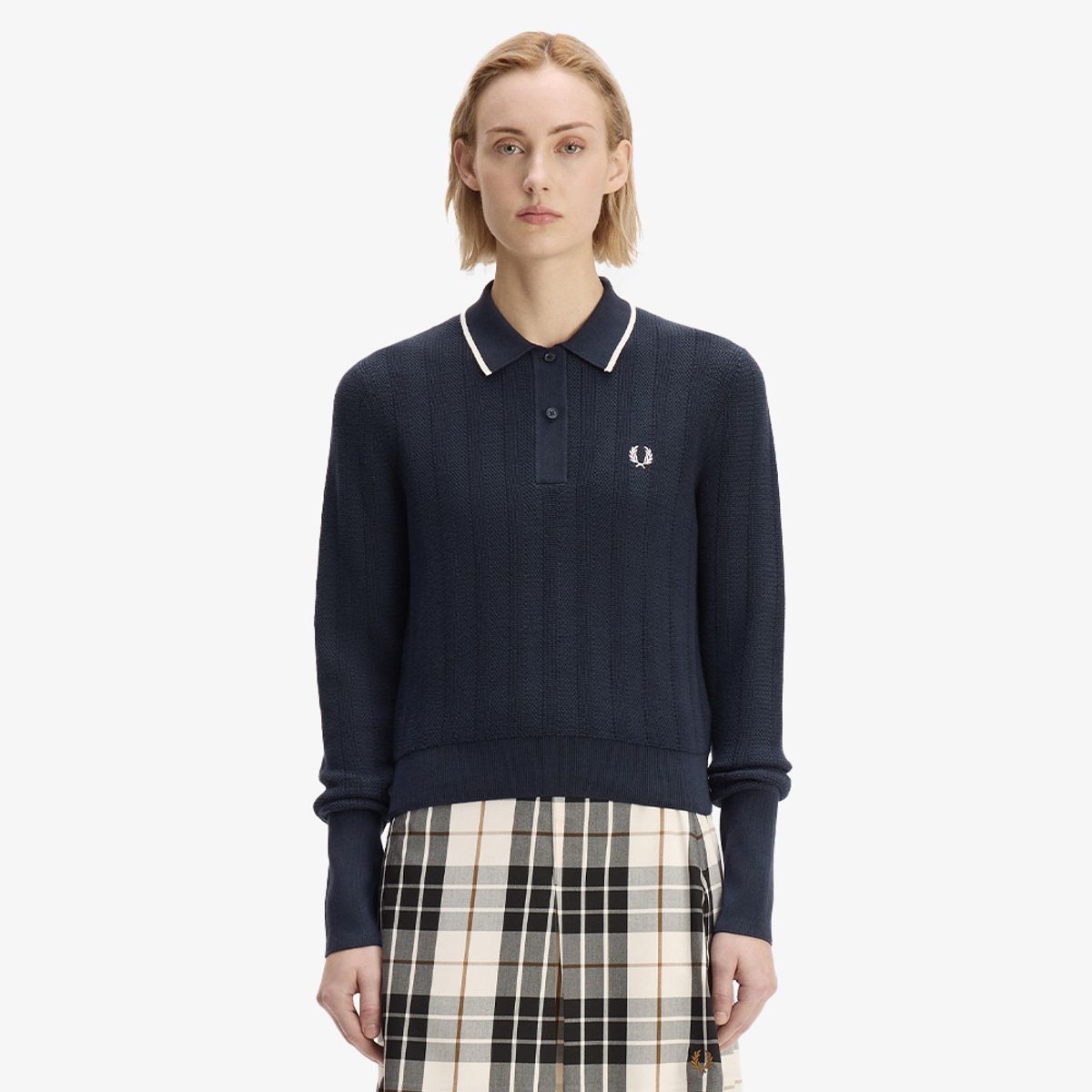 프레드페리(FRED PERRY) [Womens] 텍스쳐드 니트 셔츠 - 네이비/화이트 AFPF2G33126-608