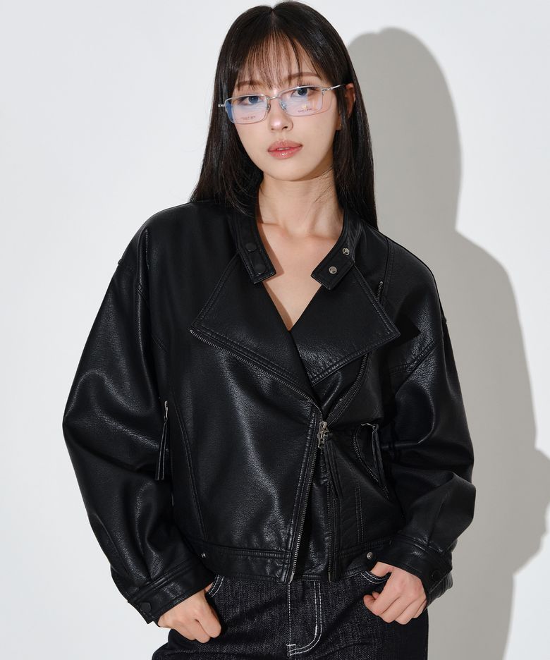 디어 오버핏 라이더 레더 자켓 [블랙]