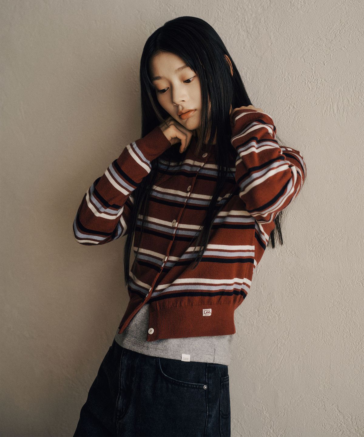 리(LEE) 우먼 스트라이프 라운드 가디건 버건디