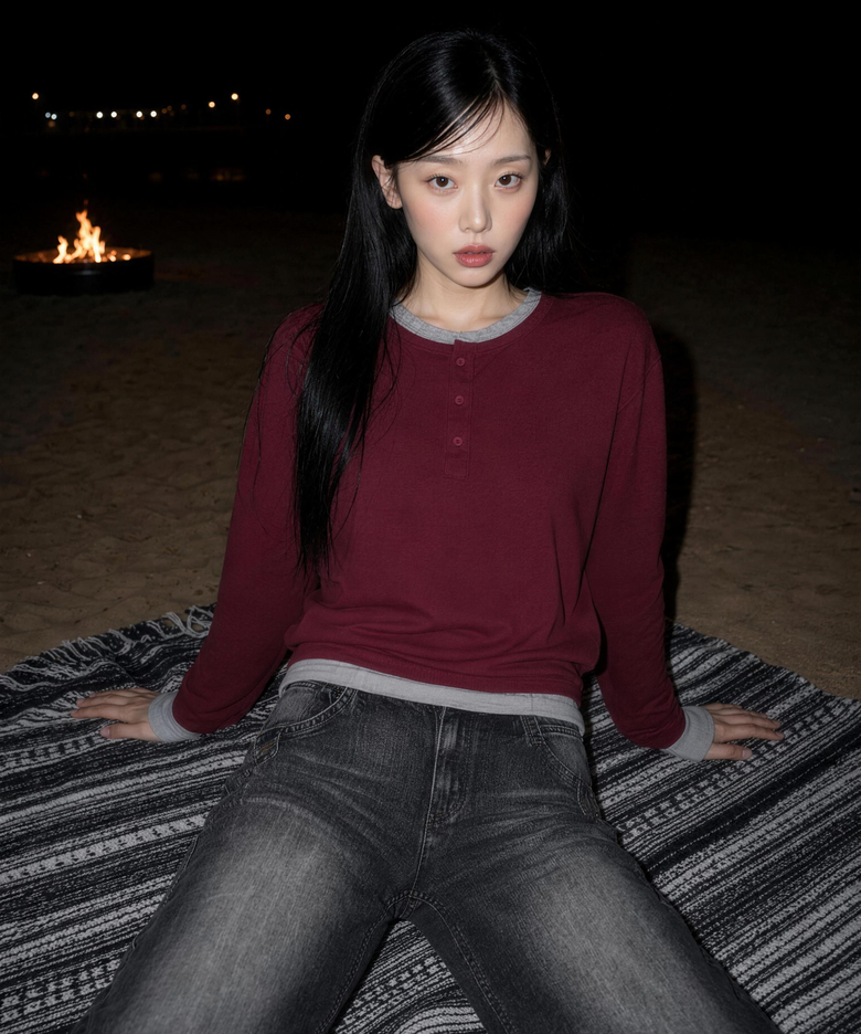 [김샤브칼 PICK] Layered Henley Neck Long Sleeve Burgundy
