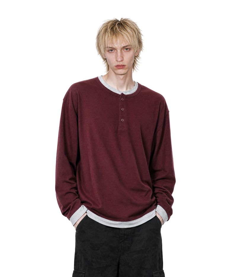 [김샤브칼 PICK] Layered Henley Neck Long Sleeve Burgundy