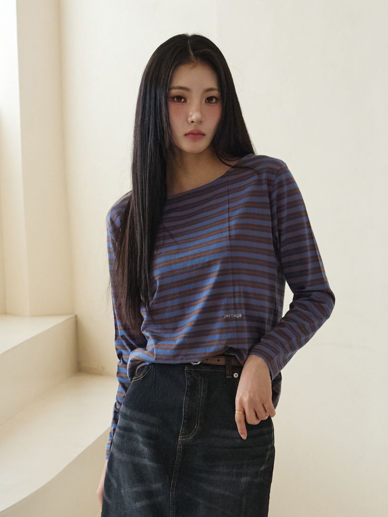 (3Color) 절개 보트넥 로고 자수 티셔츠