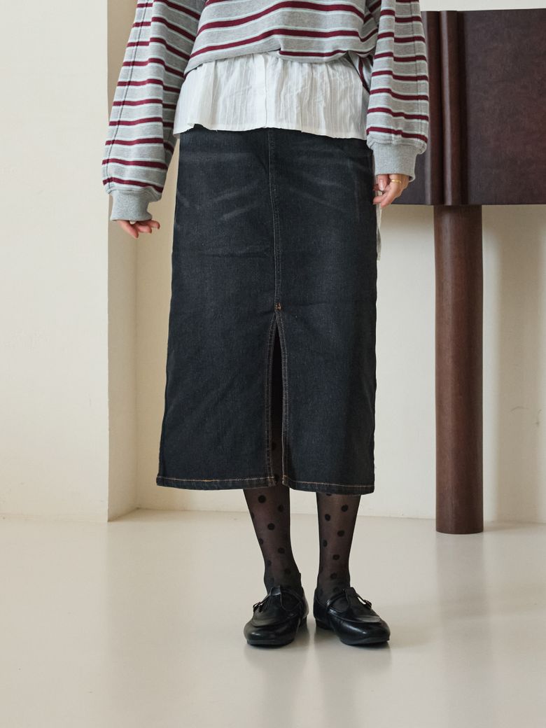 롱라인 슬릿 데님스커트