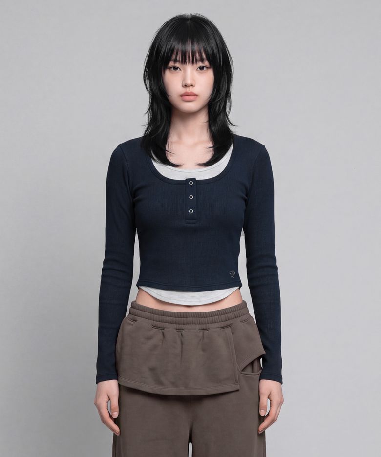 레이어드 헨리넥 롱 슬리브 [네이비]