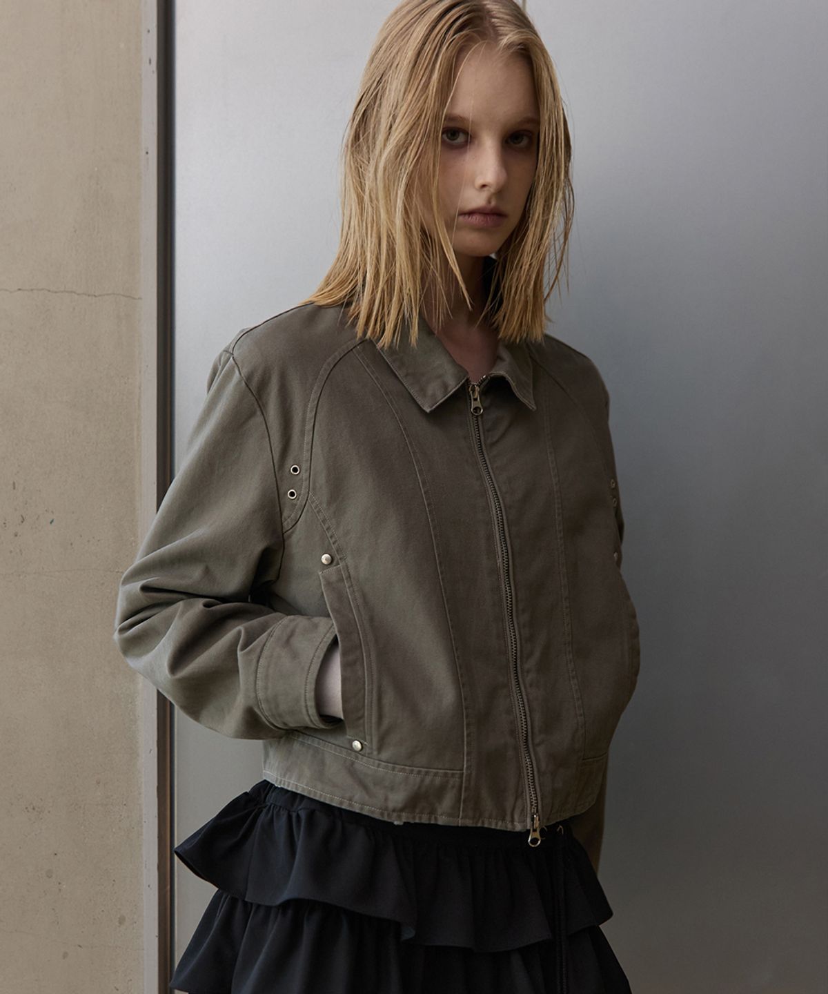 렌세(RENSE) Crop Zip-Up Shacket Gray