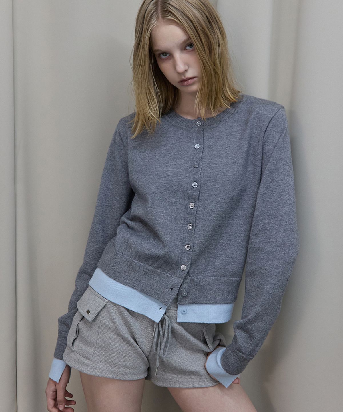 렌세(RENSE) Double Layered Cardigan Melange Gray