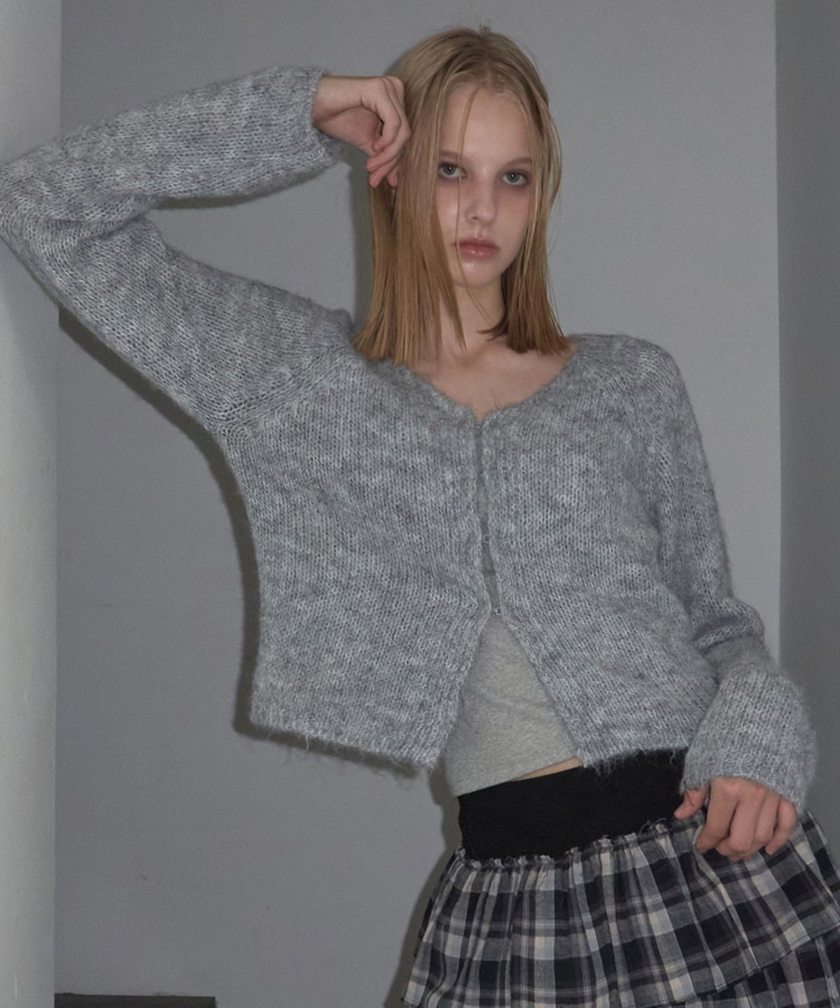 렌세(RENSE) V Hook Cardigan Melange Gray