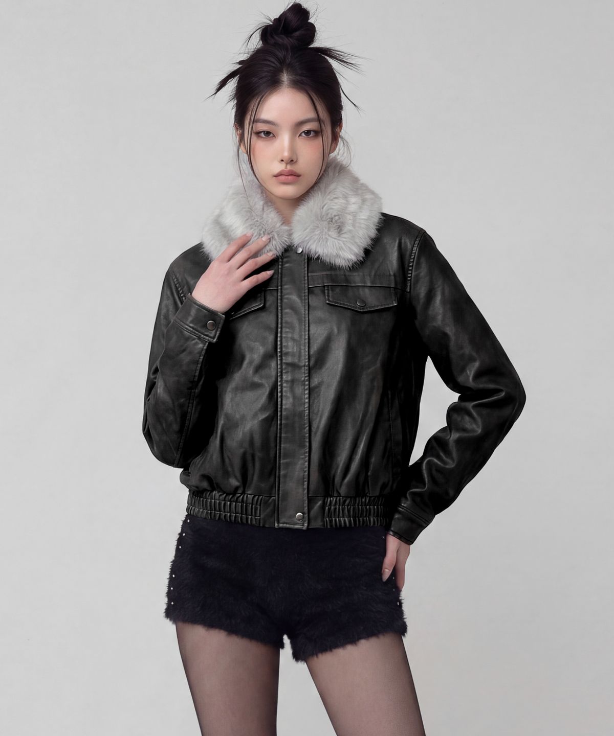 버던트(VERDNT) 퍼 카라 레더 블루종 [블랙]