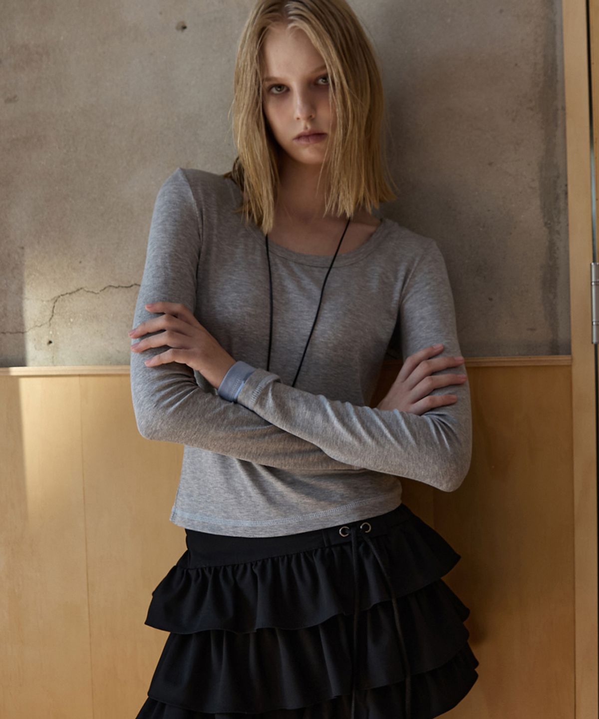 렌세(RENSE) U-Neck Layered Long Sleeve Melange Gray