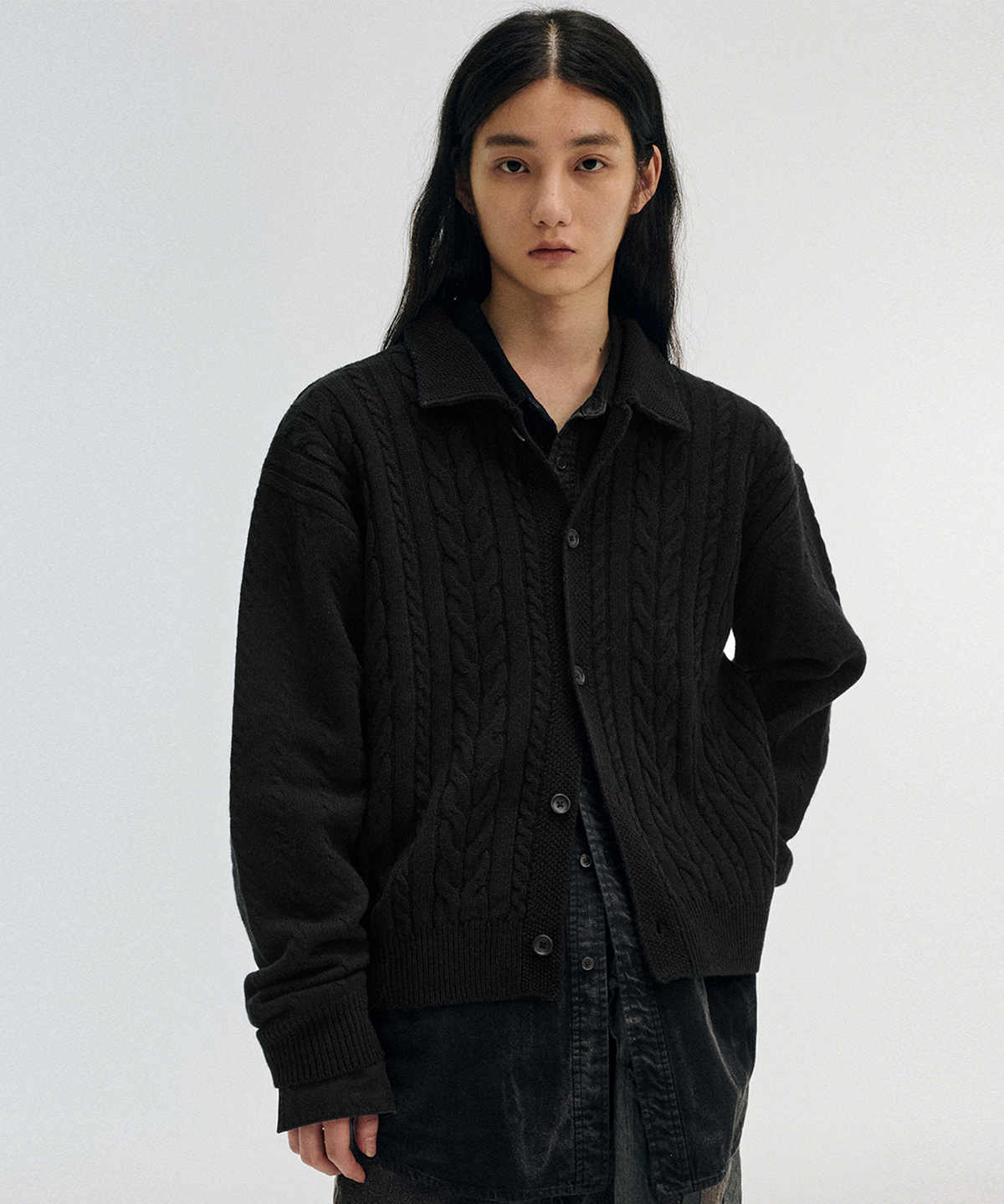 엘무드(LMOOD) 리베르 울 케이블 가디건 블랙