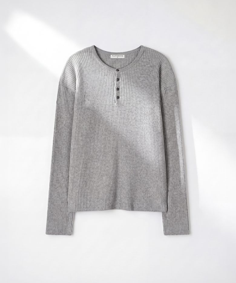 Textured Ribbed Cotton Henleyneck GREY