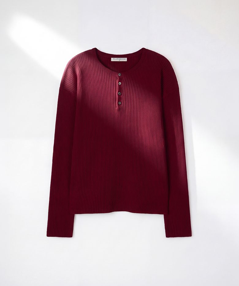 Textured Ribbed Cotton Henleyneck BURGUNDY