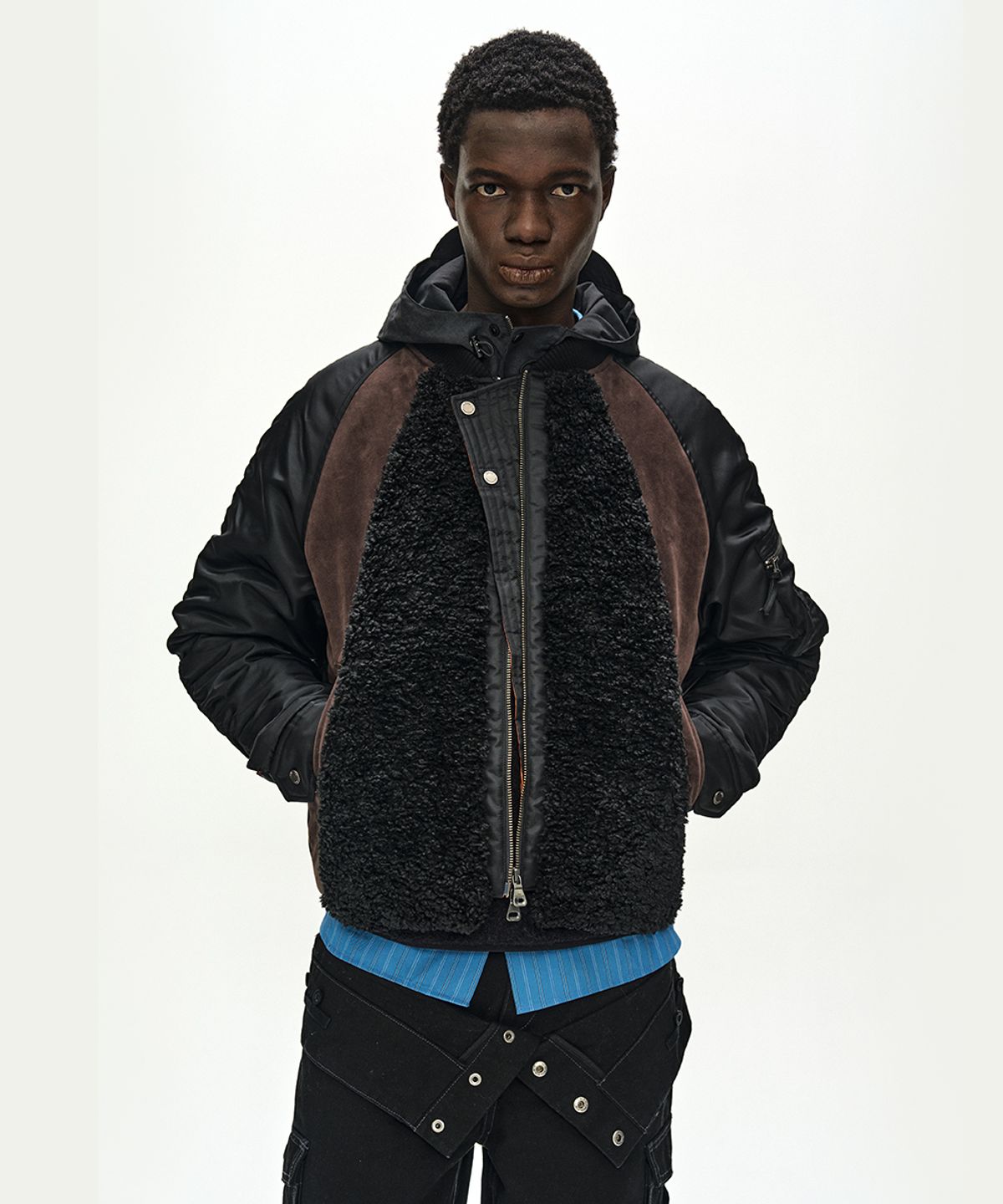 앤더슨벨(ADSB ANDERSSON BELL) FUR NYLON RAGLAN BOMBER JACKET (BLACK)