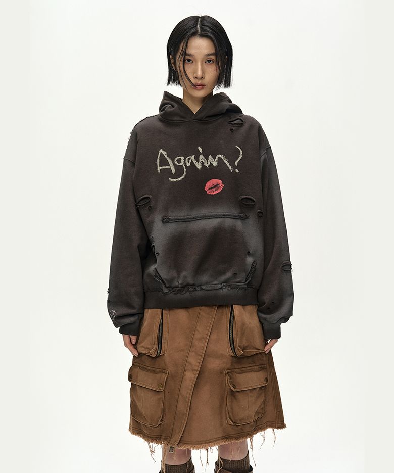(ESSENTIAL) UNISEX SPRAY WASHED AGAIN LIP HOODIE (BROWN)