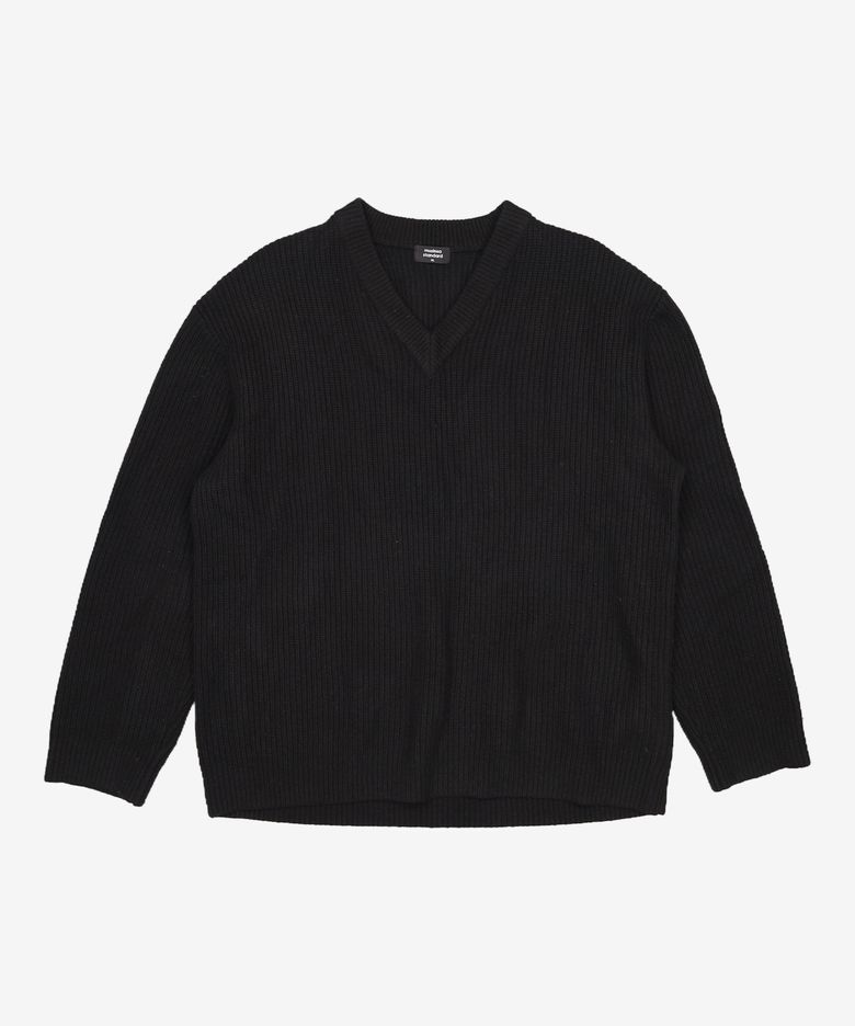 램스울 리브드 브이 넥 니트 [블랙] XL