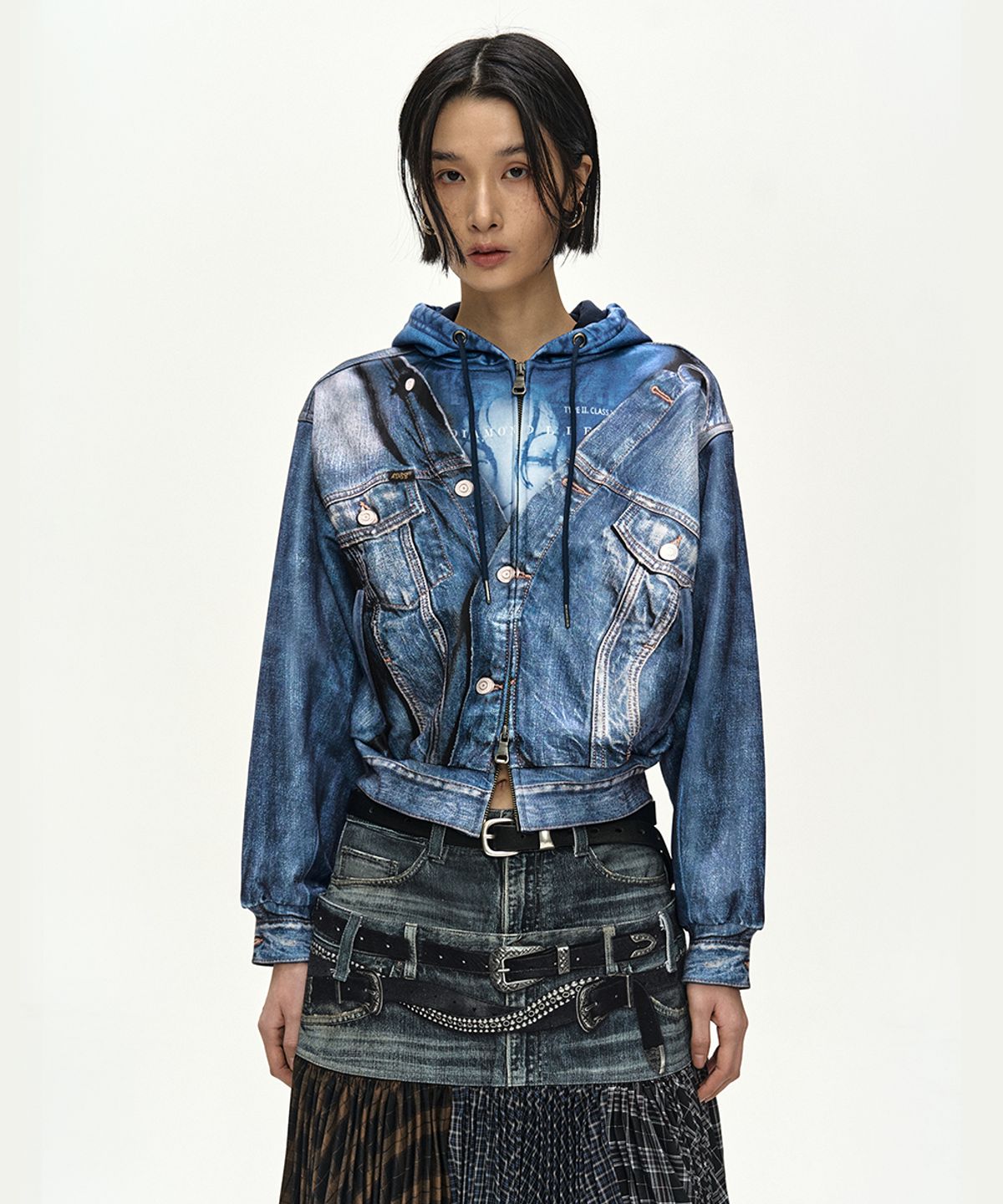 앤더슨벨(ADSB ANDERSSON BELL) DENIM LAYERED TROMPE LOEIL HOODIE (BLUE)