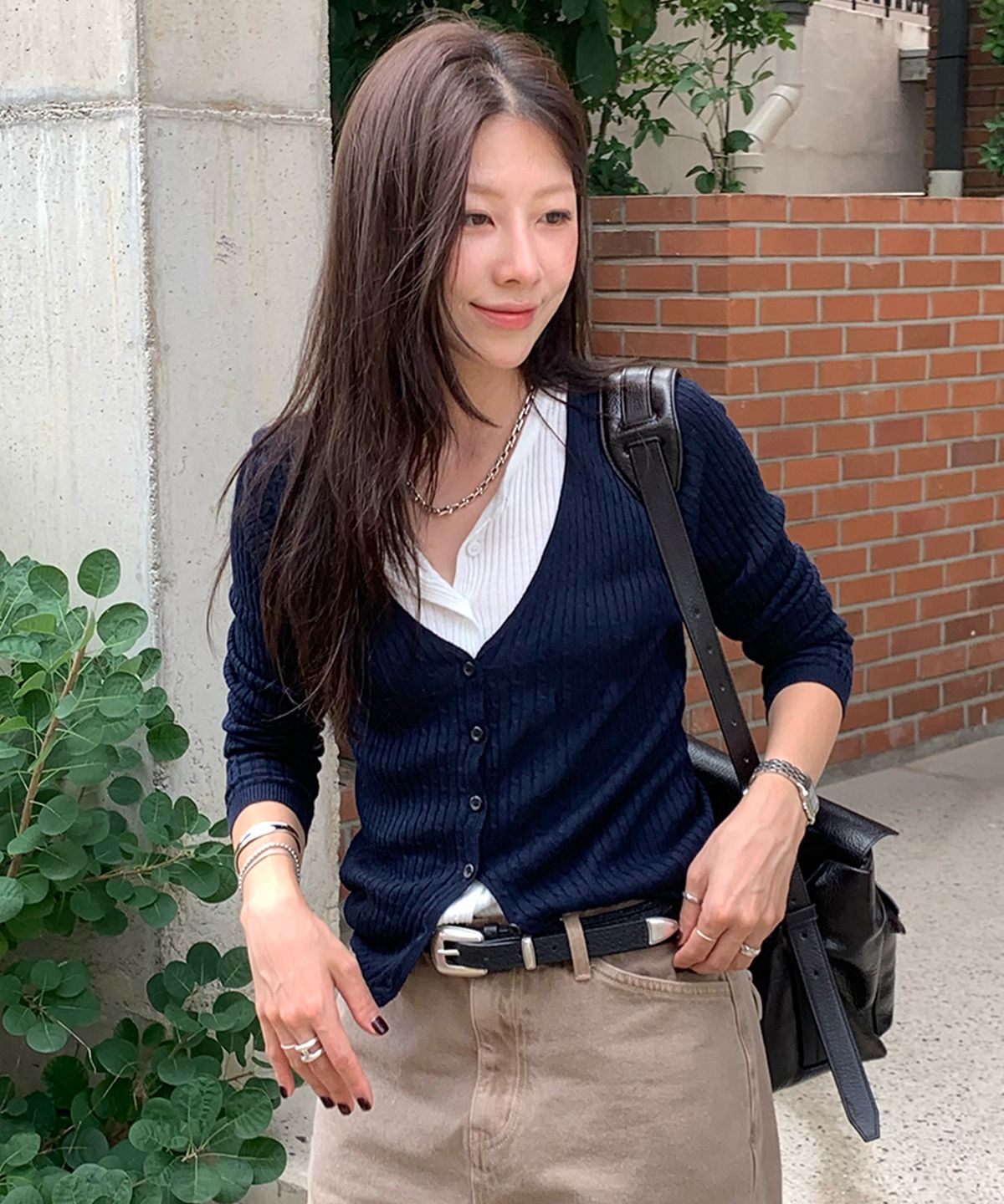 드로우핏 우먼(DRAWFIT WOMEN) 넬리아 레이어드 브이넥 니트 가디건 [NAVY]