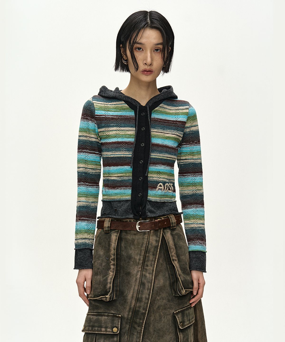 앤더슨벨(ADSB ANDERSSON BELL) LAYERED MULTI-STRIPE HOODED CARDIGAN (GREEN/BLUE)
