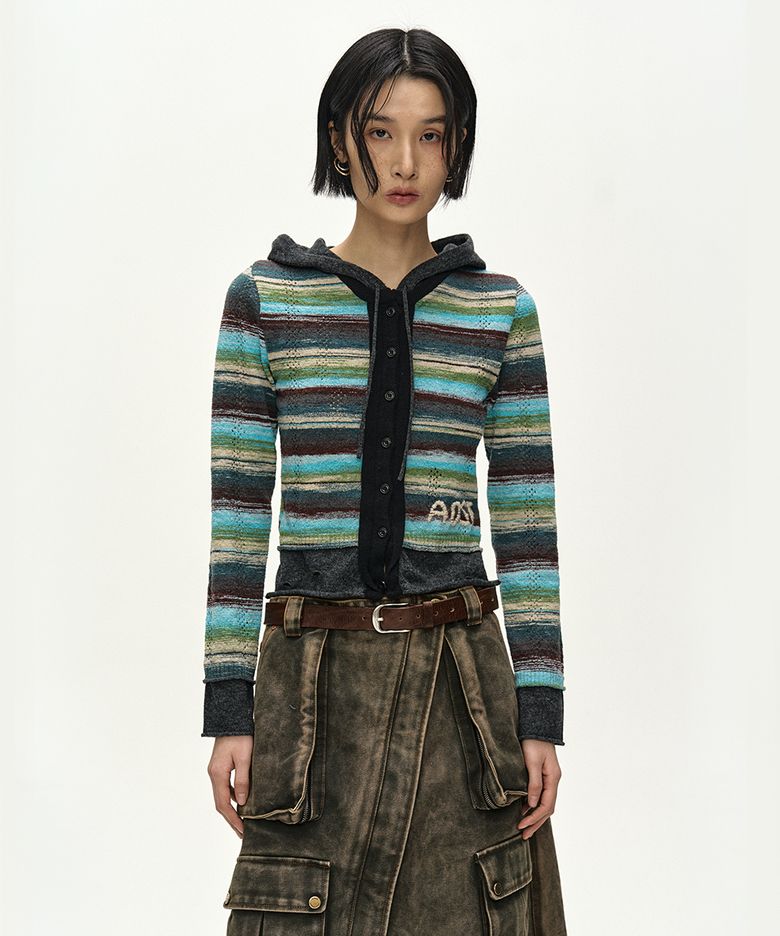 LAYERED MULTI-STRIPE HOODED CARDIGAN (GREEN/BLUE)