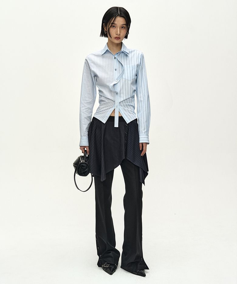 ASYMMETRIC WRAP SKIRT-LAYERED BOOTCUT TROUSERS (NAVY/BLACK)
