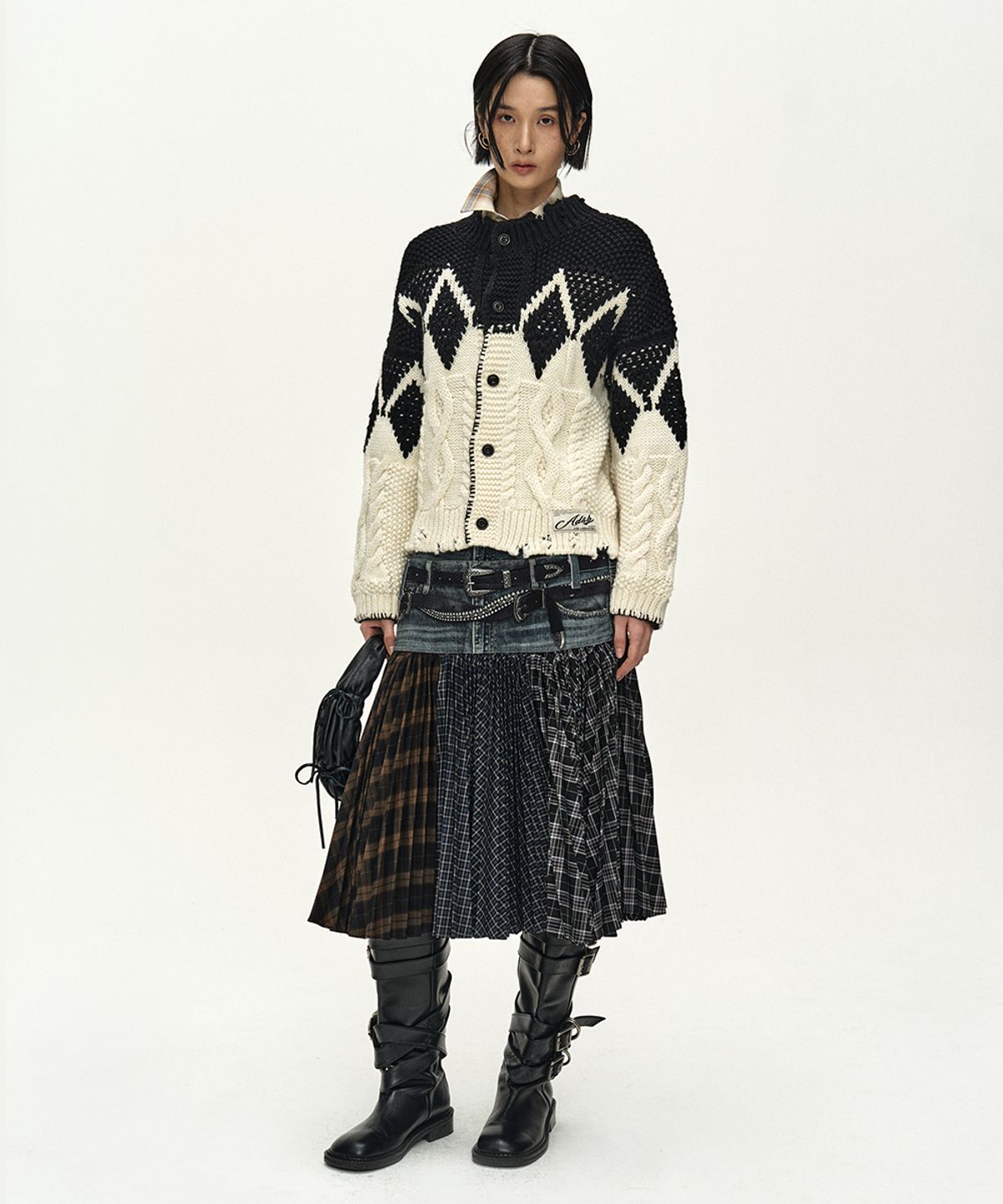 앤더슨벨(ADSB ANDERSSON BELL) DOUBLE BELT PRINTED ACCORDION PLEATS SKIRT (BLUE)