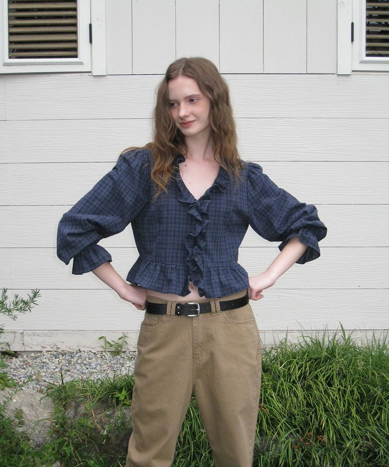 Bien check ruffle blouse - Navy