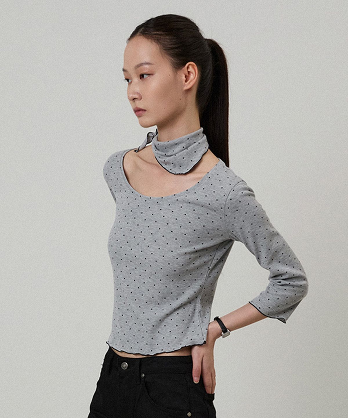엘무드 우먼(LMOOD WOMEN) DOLLY Three Quarter Dot T-Shirt Melange Grey