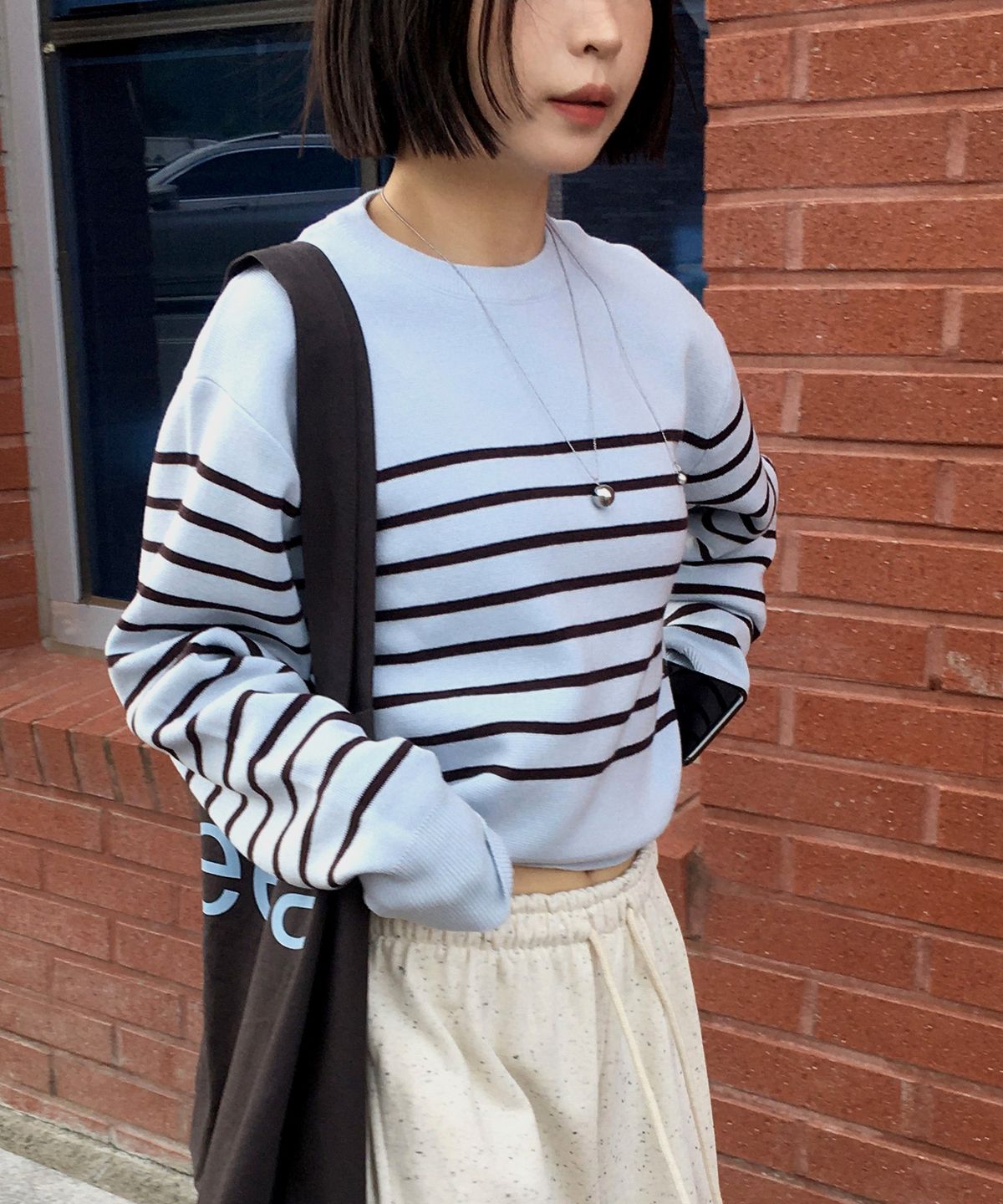 엘무드 우먼(LMOOD WOMEN) MARINE Wool Cotton Stripe Pullover Knit Sky Blue
